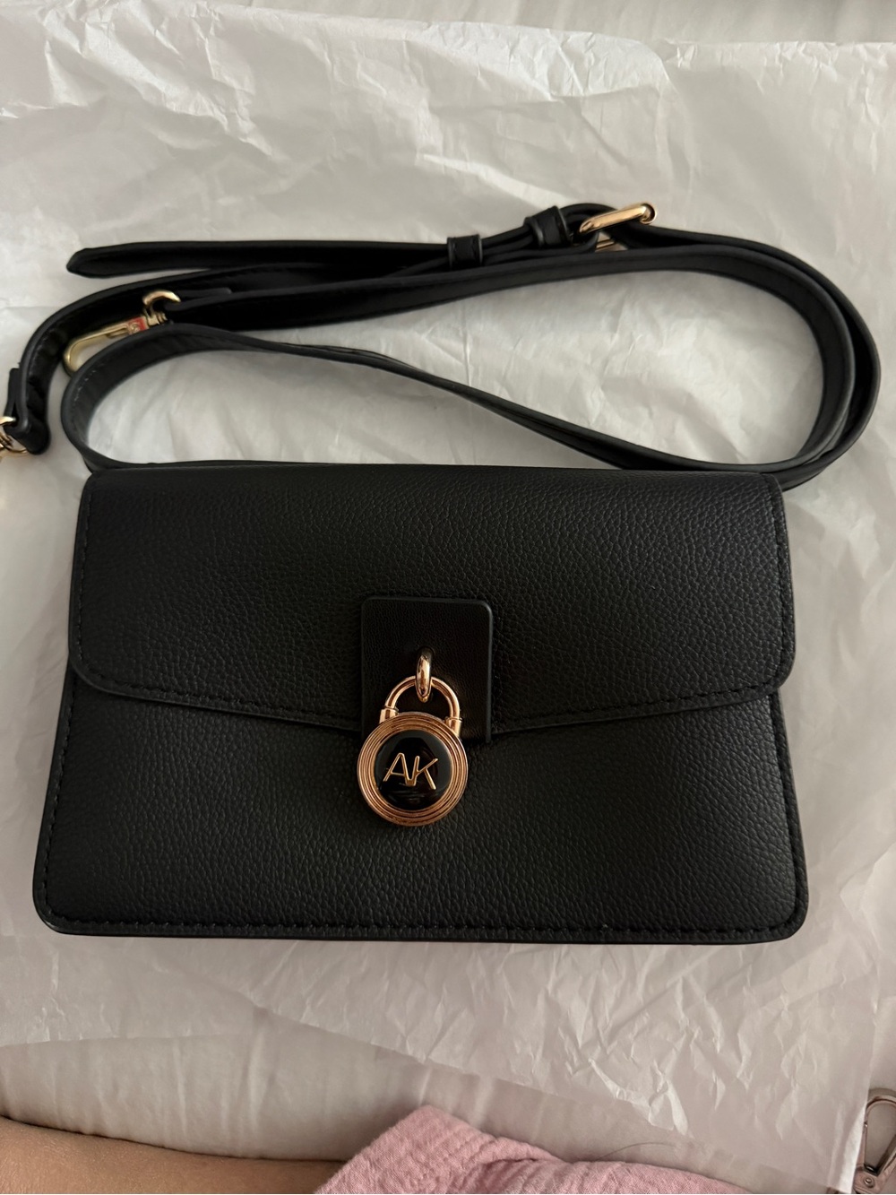 Anne Klein Black Pebbled Crossbody Bag Gold AK Medallion
